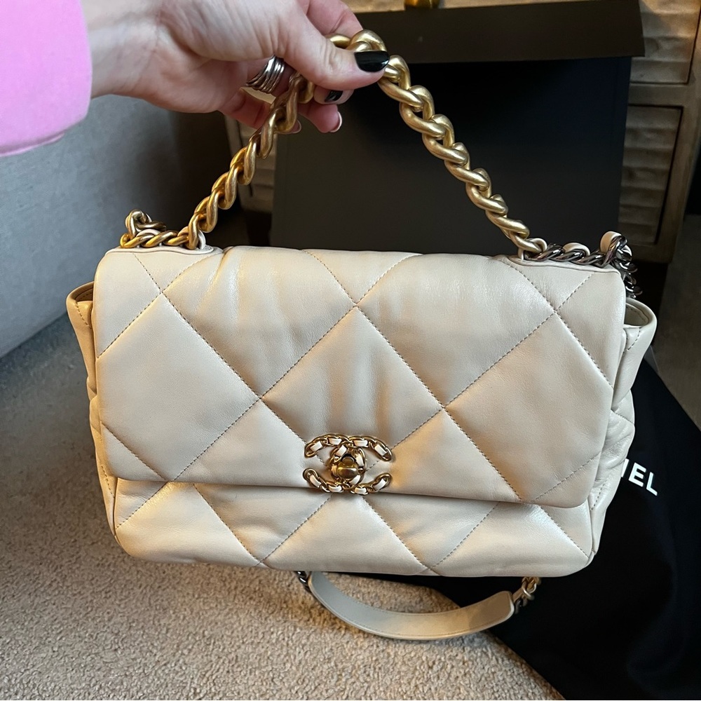 Chanel 19 beige large flap bag lambskin two tone metal